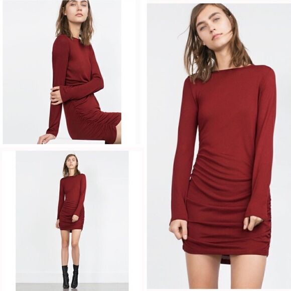 ZARA Burgundy Long Sleeve Ruched Side Mini Dress | SZ S - Picture 1 of 17